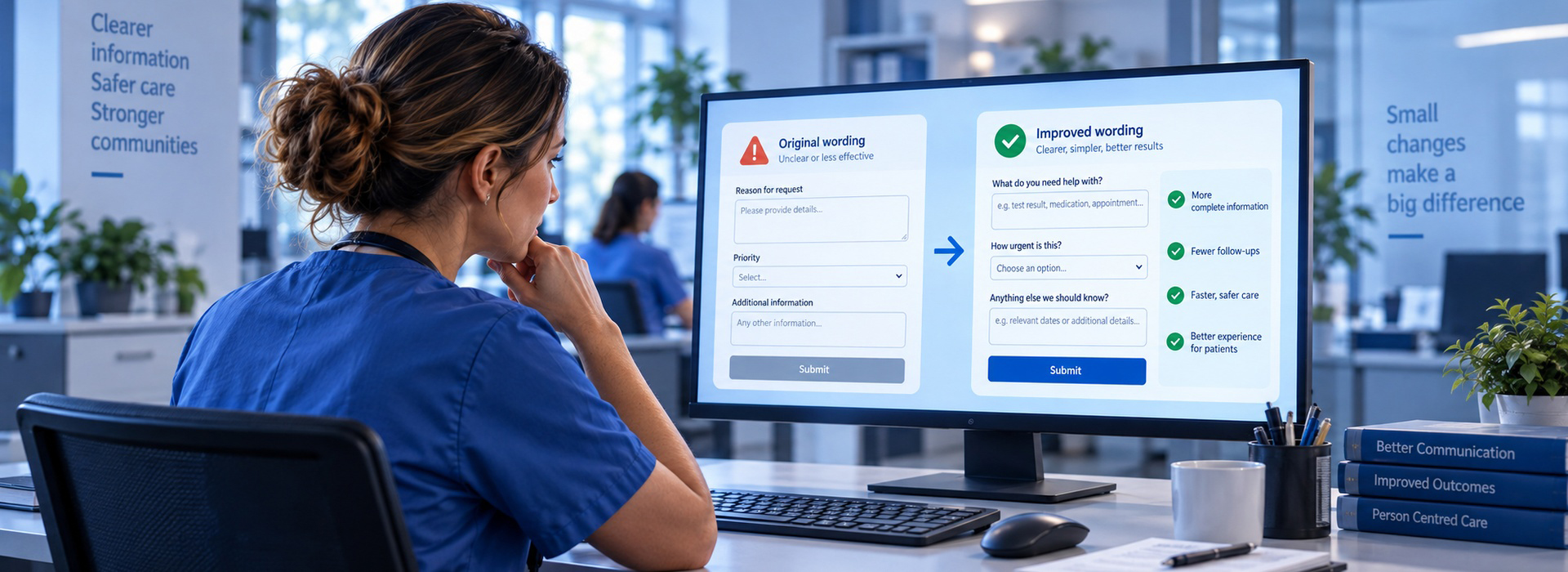 Clinician reviewing original and improved wording in a digital referral form