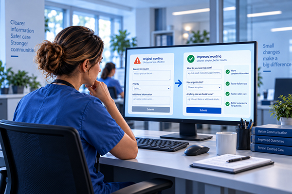 Clinician reviewing original and improved wording in a digital referral form